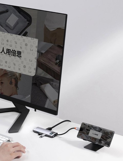 HUB Baseus Metal Gleam 6w1 USB-C - USB-C PD 100W 1x HDMI 4K 30Hz 3x USB-A 3.2 1x RJ45 - szary HUB Baseus Metal Gleam 6w1 USB-C - USB-C PD 100W 1x HDMI 4K 30Hz 3x USB-A 3.2 1x RJ45 - szary