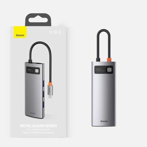HUB Baseus Metal Gleam 6w1 USB-C - USB-C PD 100W 1x HDMI 4K 30Hz 3x USB-A 3.2 1x RJ45 - szary HUB Baseus Metal Gleam 6w1 USB-C - USB-C PD 100W 1x HDMI 4K 30Hz 3x USB-A 3.2 1x RJ45 - szary