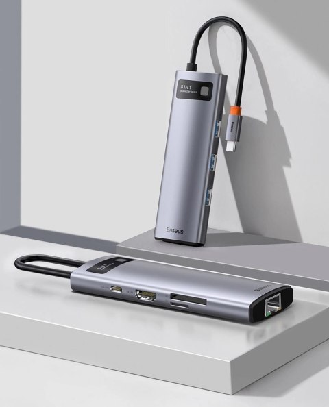 HUB Baseus Metal Gleam 8w1 USB-C - USB-C PD 100W 1x HDMI 4K 30Hz 1x czytnik kart SD i microSD 3x USB-A 3.2 1xRJ45 - szary HUB Baseus Metal Gleam 8w1 USB-C - USB-C PD 100W 1x HDMI 4K 30Hz 1x czytnik kart SD i microSD 3x USB-A 3.2 1xRJ45 - szary