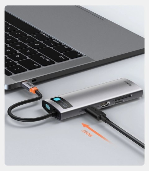HUB Baseus Metal Gleam 8w1 USB-C - USB-C PD 100W 1x HDMI 4K 30Hz 1x czytnik kart SD i microSD 3x USB-A 3.2 1xRJ45 - szary HUB Baseus Metal Gleam 8w1 USB-C - USB-C PD 100W 1x HDMI 4K 30Hz 1x czytnik kart SD i microSD 3x USB-A 3.2 1xRJ45 - szary