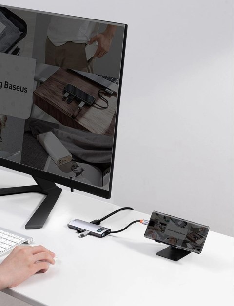 HUB Baseus Metal Gleam 8w1 USB-C - USB-C PD 100W 1x HDMI 4K 30Hz 1x czytnik kart SD i microSD 3x USB-A 3.2 1xRJ45 - szary HUB Baseus Metal Gleam 8w1 USB-C - USB-C PD 100W 1x HDMI 4K 30Hz 1x czytnik kart SD i microSD 3x USB-A 3.2 1xRJ45 - szary