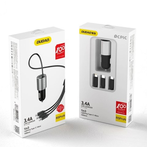 Dudao 3w1 ładowarka samochodowa USB 3,4 A wbudowany kabel Lightning / USB Typ C / micro USB czarny (R5ProN black) Dudao 3w1 ładowarka samochodowa USB 3,4 A wbudowany kabel Lightning / USB Typ C / micro USB czarny (R5ProN black)