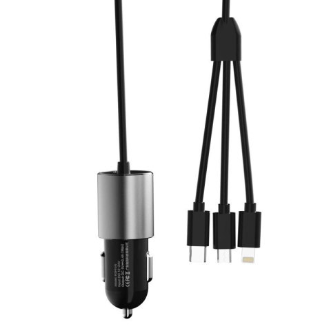Dudao 3w1 ładowarka samochodowa USB 3,4 A wbudowany kabel Lightning / USB Typ C / micro USB czarny (R5ProN black) Dudao 3w1 ładowarka samochodowa USB 3,4 A wbudowany kabel Lightning / USB Typ C / micro USB czarny (R5ProN black)