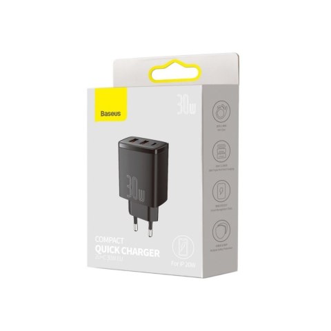 Baseus ładowarka sieciowa Compact PD 30W 1x USB-C 2x USB czarna Baseus ładowarka sieciowa Compact PD 30W 1x USB-C 2x USB czarna