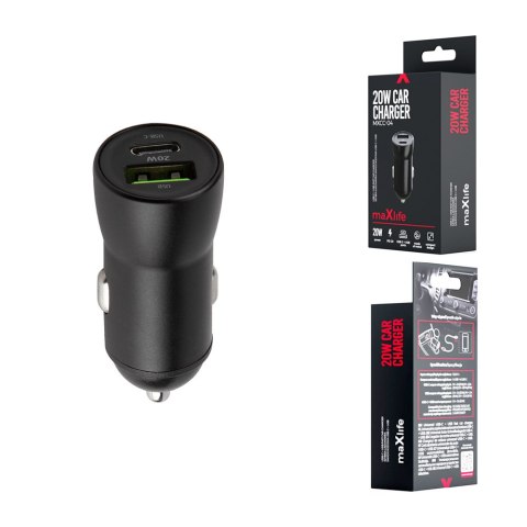 Maxlife ładowarka samochodowa PD QC MXCC-04 1x USB-C 1x USB 20W czarna Maxlife ładowarka samochodowa PD QC MXCC-04 1x USB-C 1x USB 20W czarna