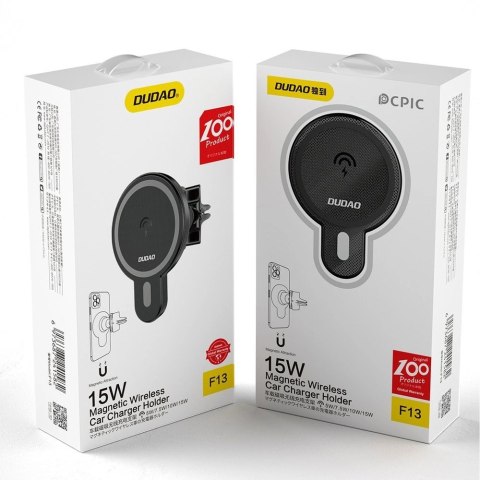 Dudao samochodowy uchwyt magnetyczny indukcyjna ładowarka Qi 15W (kompatybilna z MagSafe) czarny (F13) Dudao samochodowy uchwyt magnetyczny indukcyjna ładowarka Qi 15W (kompatybilna z MagSafe) czarny (F13)