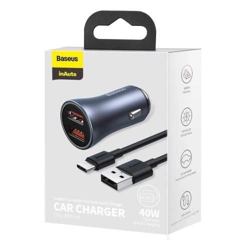 Baseus Golden Contactor Pro szybka ładowarka samochodowa 2x USB 40 W Quick Charge SCP FCP AFC + kabel USB - USB Typ C szary (TZC Baseus Golden Contactor Pro szybka ładowarka samochodowa 2x USB 40 W Quick Charge SCP FCP AFC + kabel USB - USB Typ C szary (TZC
