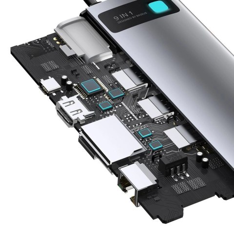 HUB Baseus Metal Gleam 9w1 USB-C - 3x USB 3.2 Gen 1 / USB-C PD 100W / VGA / HDMI / czytnik kart TF, SD / RJ45 - szary (CAHUB-CU0 HUB Baseus Metal Gleam 9w1 USB-C - 3x USB 3.2 Gen 1 / USB-C PD 100W / VGA / HDMI / czytnik kart TF, SD / RJ45 - szary (CAHUB-CU0