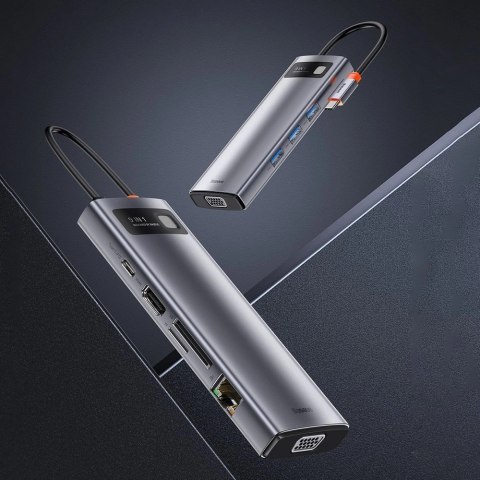 HUB Baseus Metal Gleam 9w1 USB-C - 3x USB 3.2 Gen 1 / USB-C PD 100W / VGA / HDMI / czytnik kart TF, SD / RJ45 - szary (CAHUB-CU0 HUB Baseus Metal Gleam 9w1 USB-C - 3x USB 3.2 Gen 1 / USB-C PD 100W / VGA / HDMI / czytnik kart TF, SD / RJ45 - szary (CAHUB-CU0
