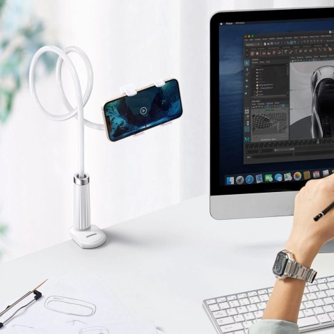 Ugreen uniwersalny uchwyt stojak podstawka na telefon tablet (do 12cm szerokości) statyw lazy holder z elastycznym ramieniem bia Ugreen uniwersalny uchwyt stojak podstawka na telefon tablet (do 12cm szerokości) statyw lazy holder z elastycznym ramieniem bia