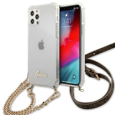 Etui Guess 4G Brown Strap Gold Chain na iPhone 12 / iPhone 12 Pro - przezroczyste