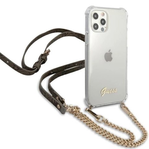 Etui Guess 4G Brown Strap Gold Chain na iPhone 12 / iPhone 12 Pro - przezroczyste
