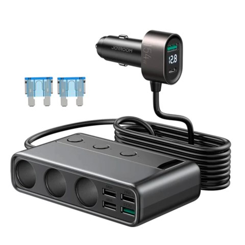 Ładowarka samochodowa 9w1 Joyroom JR-CL06 154W 5x USB-A / USB-C / 3x gniazdo zapalniczki PD QC PPS - czarna Ładowarka samochodowa 9w1 Joyroom JR-CL06 154W 5x USB-A / USB-C / 3x gniazdo zapalniczki PD QC PPS - czarna