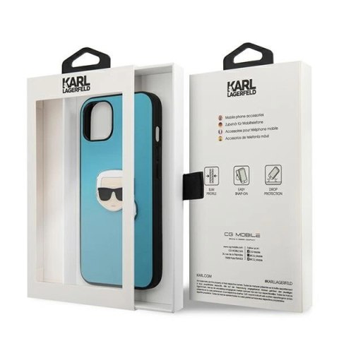 Etui Karl Lagerfeld Leather Ikonik Karl's Head Metal na iPhone 13 mini - niebieskie Etui Karl Lagerfeld Leather Ikonik Karl's Head Metal na iPhone 13 mini - niebieskie