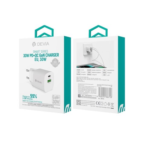 Devia ładowarka sieciowa Smart PD GaN 30W 1x USB-C 1x USB biała Devia ładowarka sieciowa Smart PD GaN 30W 1x USB-C 1x USB biała