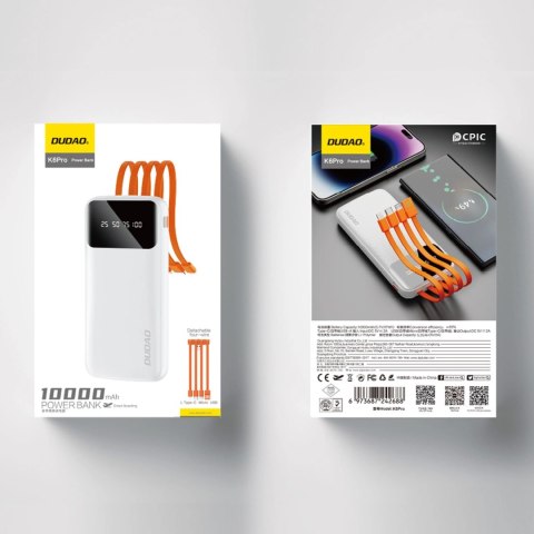 Dudao K6Pro uniwersalny powerbank 10000mAh z kablem USB, USB Typ C, Lightning biały (K6Pro-white) Dudao K6Pro uniwersalny powerbank 10000mAh z kablem USB, USB Typ C, Lightning biały (K6Pro-white)