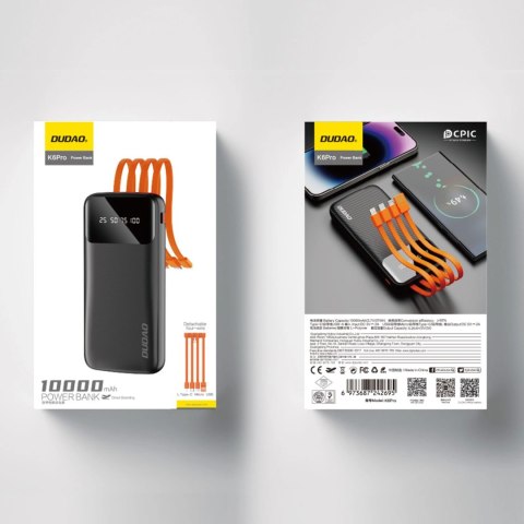 Dudao K6Pro uniwersalny powerbank 10000mAh z kablem USB, USB Typ C, Lightning czarny (K6Pro-black) Dudao K6Pro uniwersalny powerbank 10000mAh z kablem USB, USB Typ C, Lightning czarny (K6Pro-black)