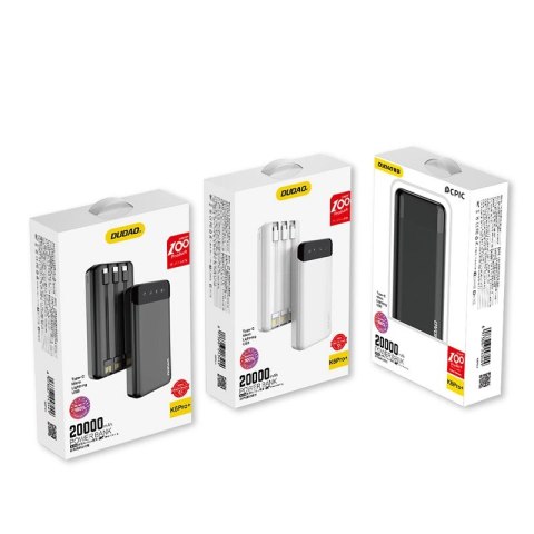 Dudao pojemny powerbank z 3 wbudowanymi kablami 20000mAh USB Typ C + micro USB + Lightning czarny (Dudao K6Pro+) Dudao pojemny powerbank z 3 wbudowanymi kablami 20000mAh USB Typ C + micro USB + Lightning czarny (Dudao K6Pro+)
