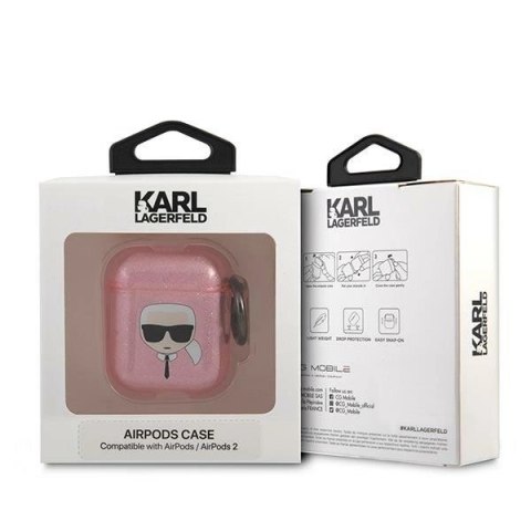 Etui Karl Lagerfeld Glitter Karl's Head na AirPods 1/2 - różowe Etui Karl Lagerfeld Glitter Karl's Head na AirPods 1/2 - różowe