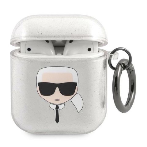 Etui Karl Lagerfeld Glitter Karl's Head na AirPods 1/2 - srebrne Etui Karl Lagerfeld Glitter Karl's Head na AirPods 1/2 - srebrne