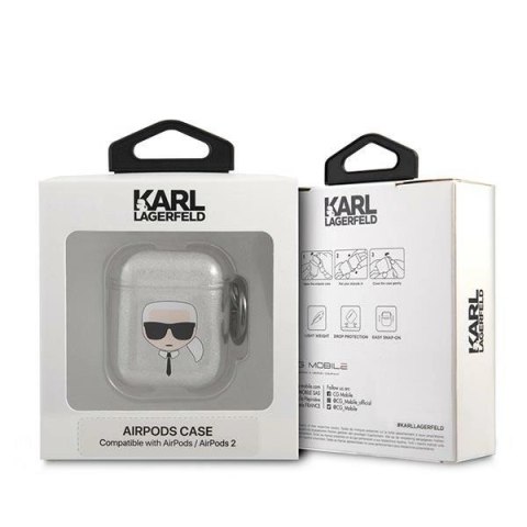 Etui Karl Lagerfeld Glitter Karl's Head na AirPods 1/2 - srebrne Etui Karl Lagerfeld Glitter Karl's Head na AirPods 1/2 - srebrne