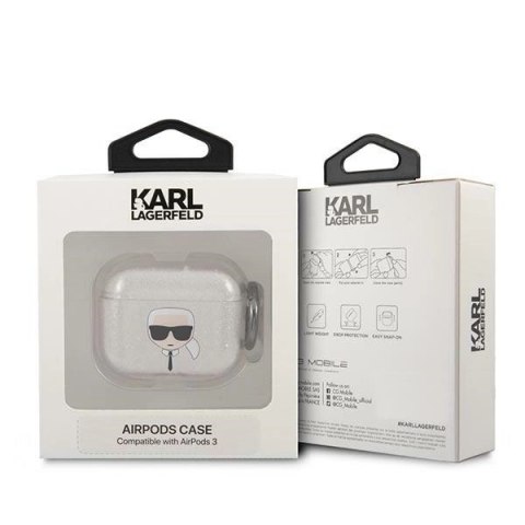Etui Karl Lagerfeld Glitter Karl's Head na AirPods 3 - srebrne Etui Karl Lagerfeld Glitter Karl's Head na AirPods 3 - srebrne