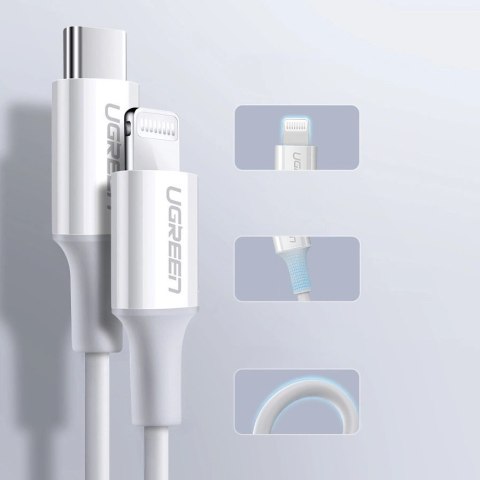Kabel Ugreen US171 Lightning - USB-C MFi PD 20W 3A 480Mb/s 0,5m - biały Kabel Ugreen US171 Lightning - USB-C MFi PD 20W 3A 480Mb/s 0,5m - biały