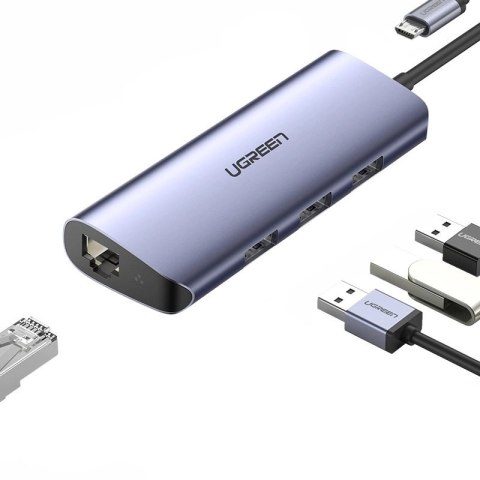 Ugreen wielofunkcyjny adapter HUB USB Typ C - 3 x USB / Ethernet RJ-45 / micro USB szary (CM252)