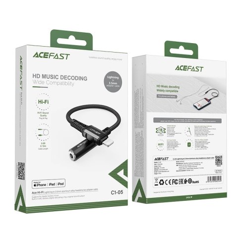 Acefast kabel audio MFI Lightning - 3,5mm mini jack (żeński) 18cm, AUX czarny (C1-05 black) Acefast kabel audio MFI Lightning - 3,5mm mini jack (żeński) 18cm, AUX czarny (C1-05 black)
