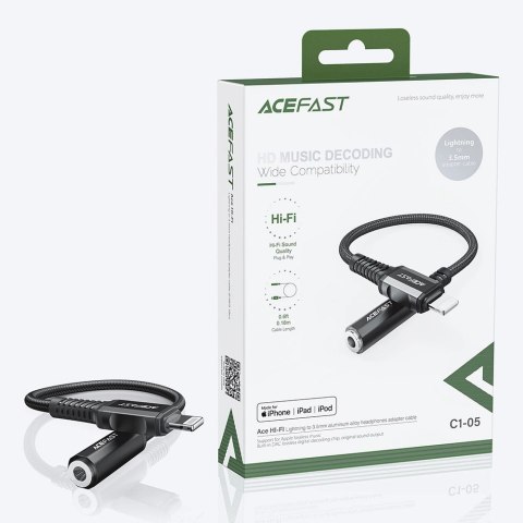 Acefast kabel audio MFI Lightning - 3,5mm mini jack (żeński) 18cm, AUX czarny (C1-05 black) Acefast kabel audio MFI Lightning - 3,5mm mini jack (żeński) 18cm, AUX czarny (C1-05 black)