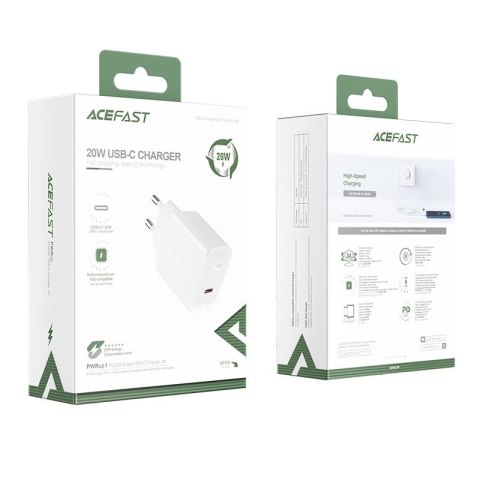 Acefast szybka ładowarka sieciowa USB Typ C 20W Power Delivery biały (A1 EU white) Acefast szybka ładowarka sieciowa USB Typ C 20W Power Delivery biały (A1 EU white)