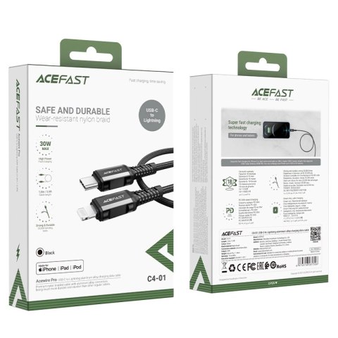 Kabel Acefast C4-01 Lightning - USB-C PD 30W 3A 480Mb/s 1,8m - czarny Kabel Acefast C4-01 Lightning - USB-C PD 30W 3A 480Mb/s 1,8m - czarny