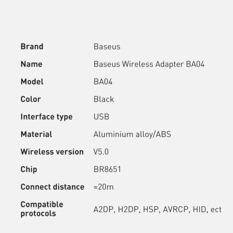 Baseus BA04 mini adapter Bluetooth 5.0 USB odbiornik nadajnik do komputera czarny (ZJBA000001) Baseus BA04 mini adapter Bluetooth 5.0 USB odbiornik nadajnik do komputera czarny (ZJBA000001)