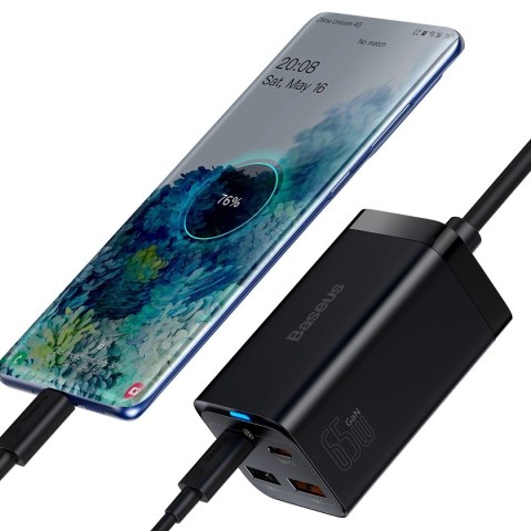 Baseus GaN3 Pro szybka ładowarka sieciowa GaN 2 x USB Typ C / 2 x USB 65W PD, QC4.0+, AFC, PPS + kabel USB Typ C - USB Typ C 1m 