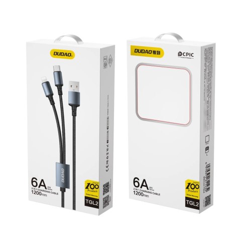 Dudao kabel przewód USB 2w1 do ładowania USB-A - USB-C / Lightning 6A 1,2m czarny (TGL2) Dudao kabel przewód USB 2w1 do ładowania USB-A - USB-C / Lightning 6A 1,2m czarny (TGL2)