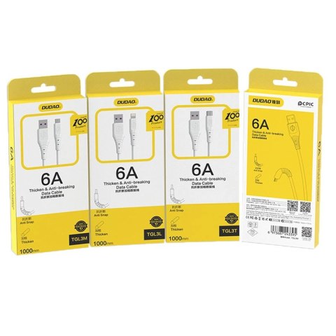 Dudao kabel przewód USB - USB Typ C 6A 1 m biały (TGL3T) Dudao kabel przewód USB - USB Typ C 6A 1 m biały (TGL3T)