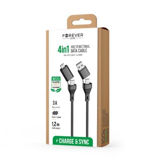 Forever CORE kabel 4w1 USB + USB-C - USB-C + microUSB 1,2 m 3A czarny
