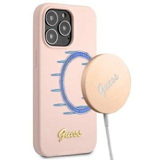 Etui Guess Silicone Script Gold Logo MagSafe na iPhone 13 Pro Max - jasnoróżowe
