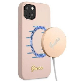Etui Guess Silicone Script Gold Logo MagSafe na iPhone 13 - jasnoróżowe