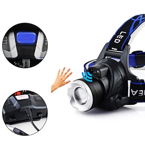 Latarka czołowa lampa lampka T6 czołówka na głowę z bezdotykowym włącznikiem LED Zoom ładowana przez micro USB czarny Latarka czołowa lampa lampka T6 czołówka na głowę z bezdotykowym włącznikiem LED Zoom ładowana przez micro USB czarny