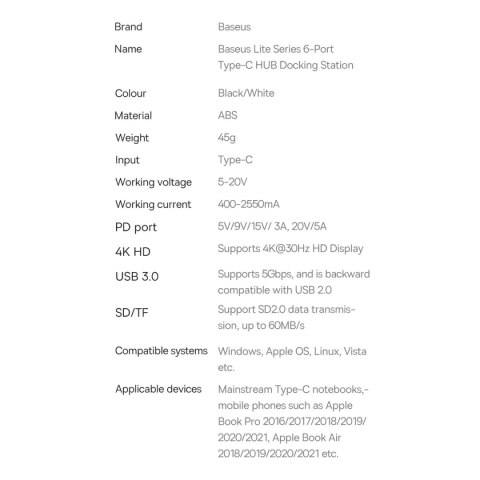 Baseus Lite Series wielofunkcyjny HUB USB Typ C - 2 x USB 3.0 / USB Typ C PD / HDMI 1,4 / SD/TF czarny (WKQX050101) Baseus Lite Series wielofunkcyjny HUB USB Typ C - 2 x USB 3.0 / USB Typ C PD / HDMI 1,4 / SD/TF czarny (WKQX050101)