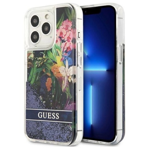 Etui Guess Flower Liquid Glitter na iPhone 13 Pro Max - niebieskie