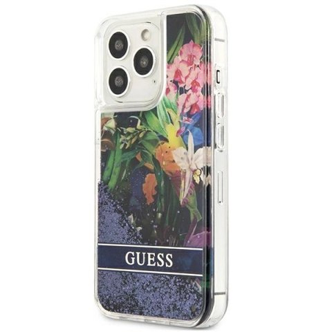 Etui Guess Flower Liquid Glitter na iPhone 13 Pro Max - niebieskie