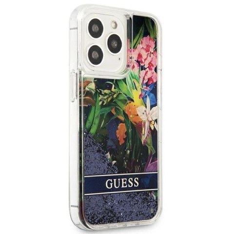 Etui Guess Flower Liquid Glitter na iPhone 13 Pro Max - niebieskie