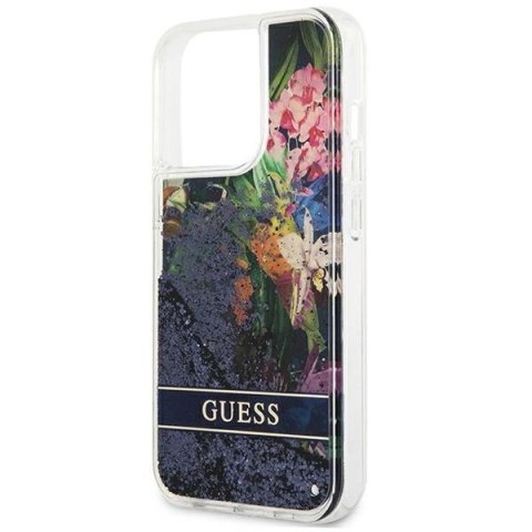 Etui Guess Flower Liquid Glitter na iPhone 13 Pro Max - niebieskie