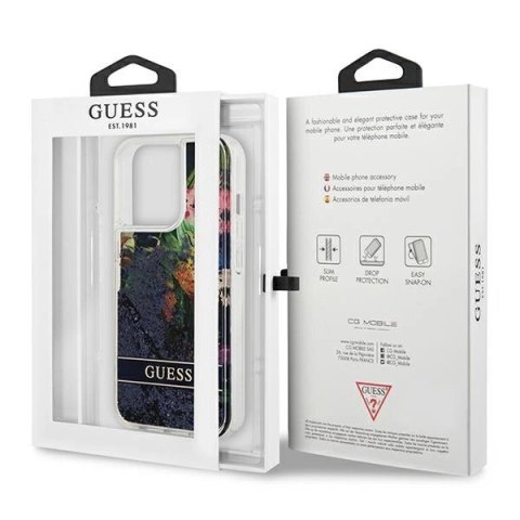 Etui Guess Flower Liquid Glitter na iPhone 13 Pro Max - niebieskie