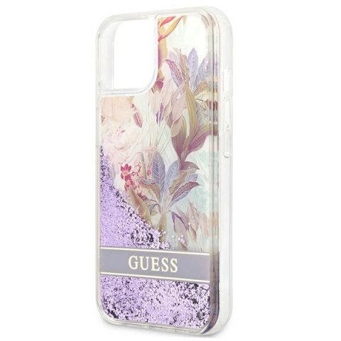 Etui Guess Flower Liquid Glitter na iPhone 13 mini - fioletowe