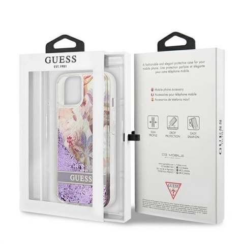 Etui Guess Flower Liquid Glitter na iPhone 13 mini - fioletowe