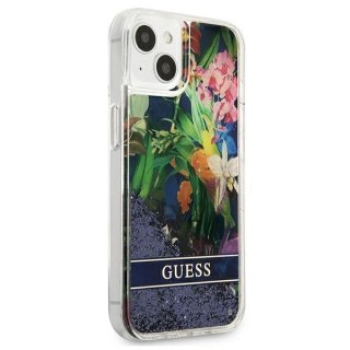 Etui Guess Flower Liquid Glitter na iPhone 13 mini - niebieskie