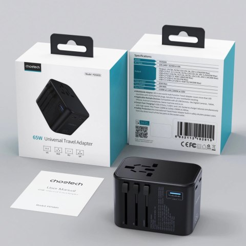 Adapter podróżny Choetech PD5009-BK GaN EU / US / UK / AU 2x USB-C USB-A 65W PD - czarny